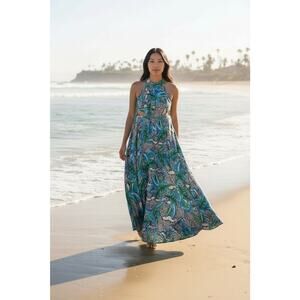 SHEIN Dress Womens Large Green Blue Tropical Snake Print Maxi Cutout Sleeveless